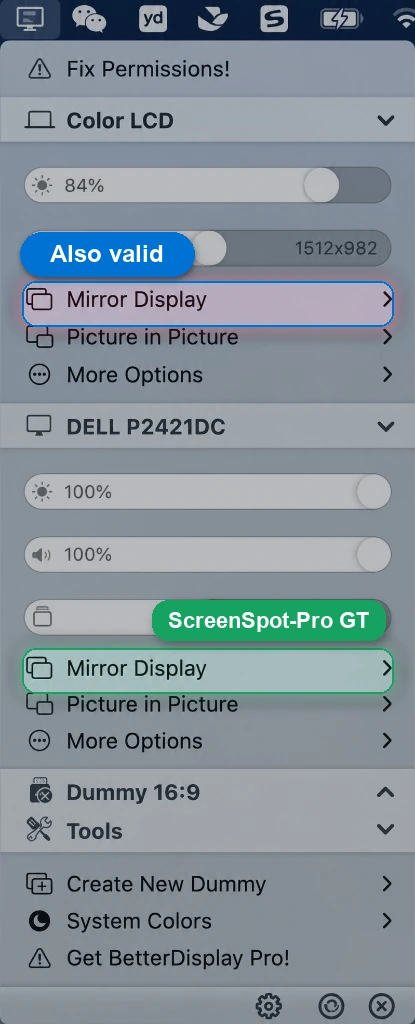 BetterDisplay menu with two Mirror Display rows annotated as a valid target and the ScreenSpot-Pro ground truth