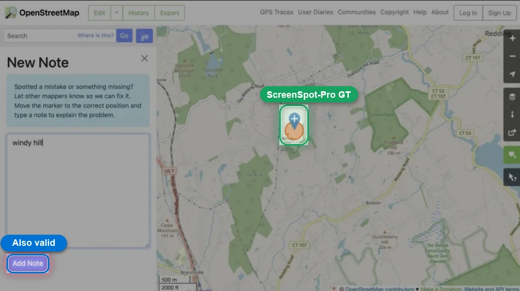 OpenStreetMap new note task with the map marker marked as the ScreenSpot-Pro ground truth and the Add Note button marked as another valid target