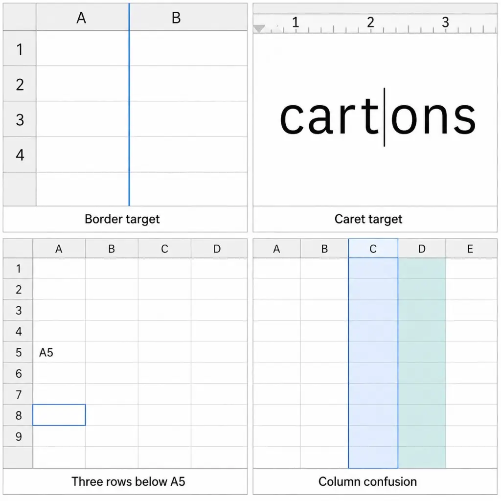 Four off-element target types: a cell border line, a caret between the letters t and o in cartons, an empty cell three rows below A5, and a colored column next to a similar distractor column